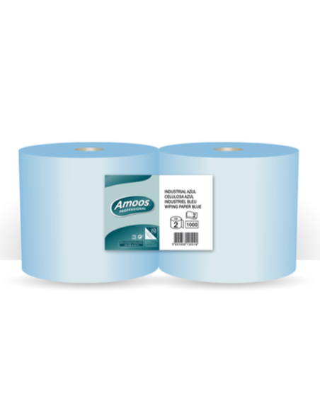 Bobina de papel industrial de color azul y doble capa AMOOS Profesional 300 m 2ud
