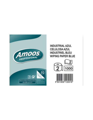 Bobina de papel industrial de color azul y doble capa AMOOS Profesional 300 m 2ud