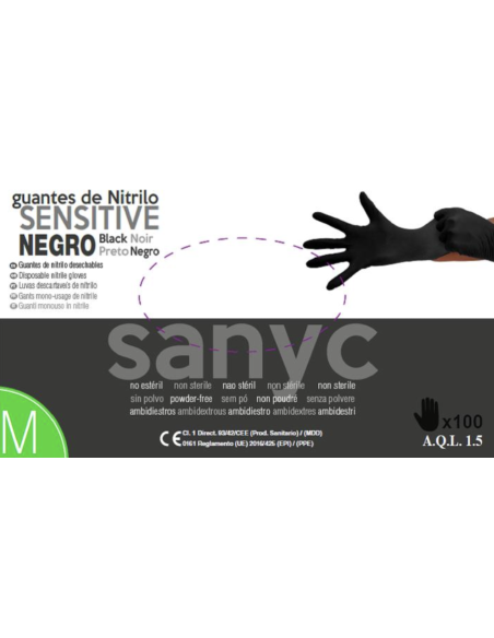 Guante de nitrilo sensitive sin polvo negro Sanyc 100 ud